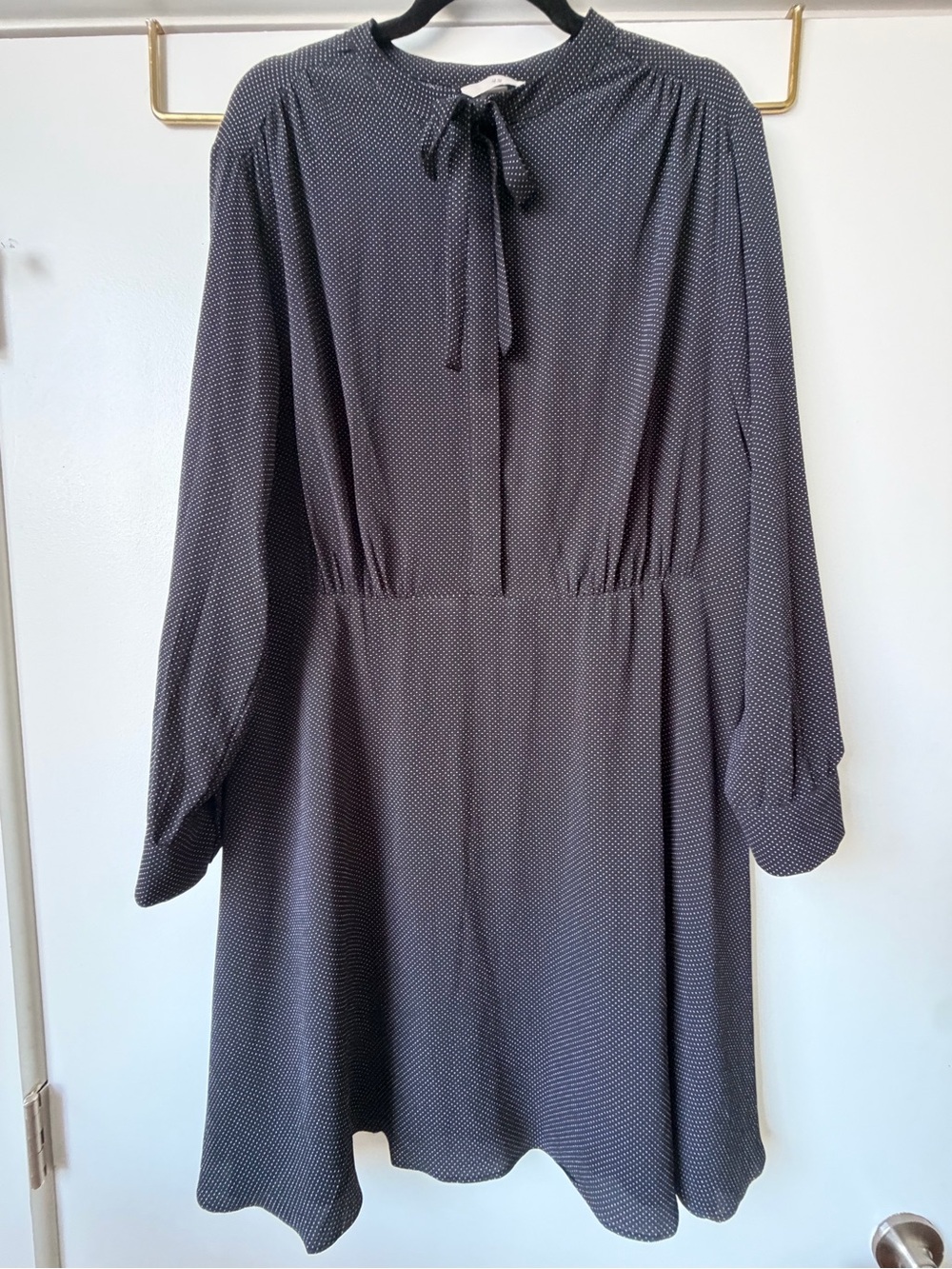 H&M Black Microdot Tie-Neck Long Sleeve Dress with White Dots